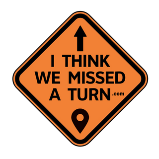 I Think We Missed a Turn orange diamond road sign logo with arrow, .com and location pin on white