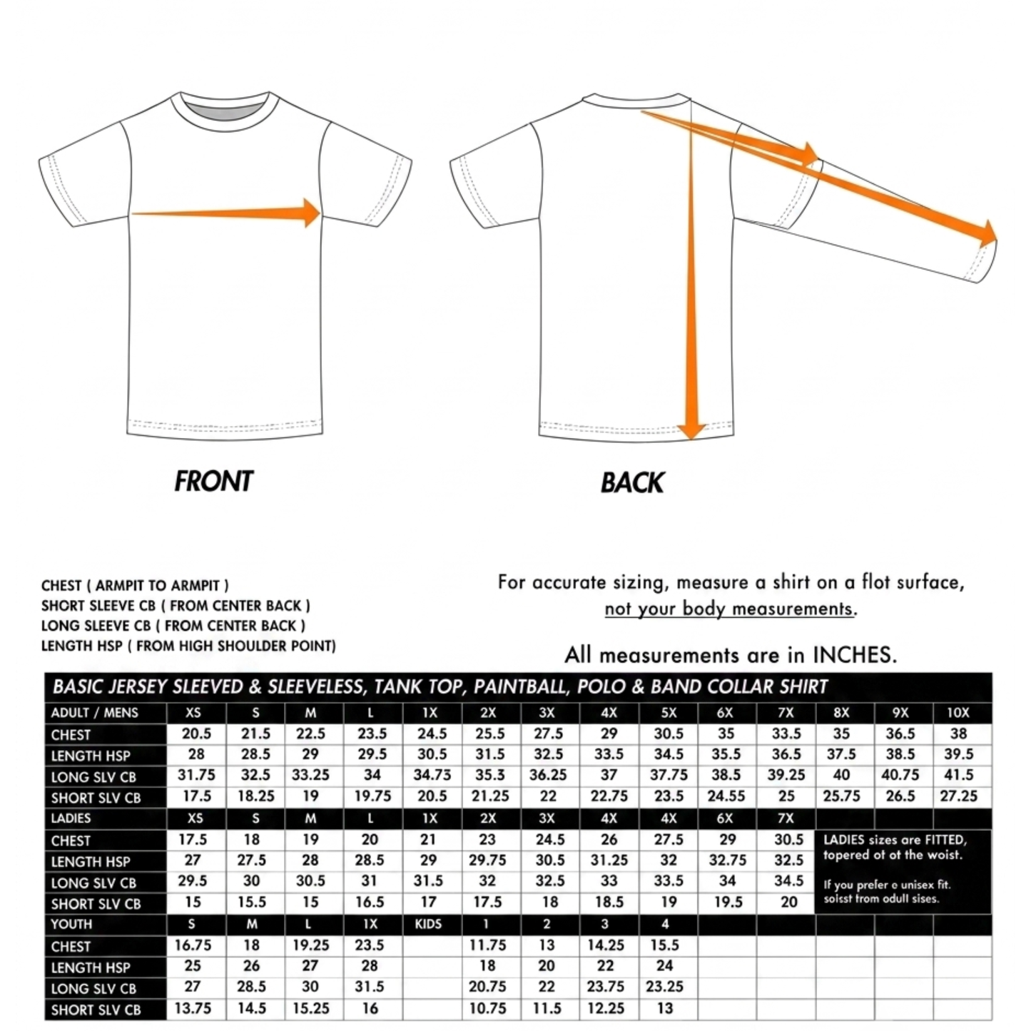 ITWMAT Lumbersquatch ADV jersey size chart with front and back measurement diagrams and chest and length sizes in inches