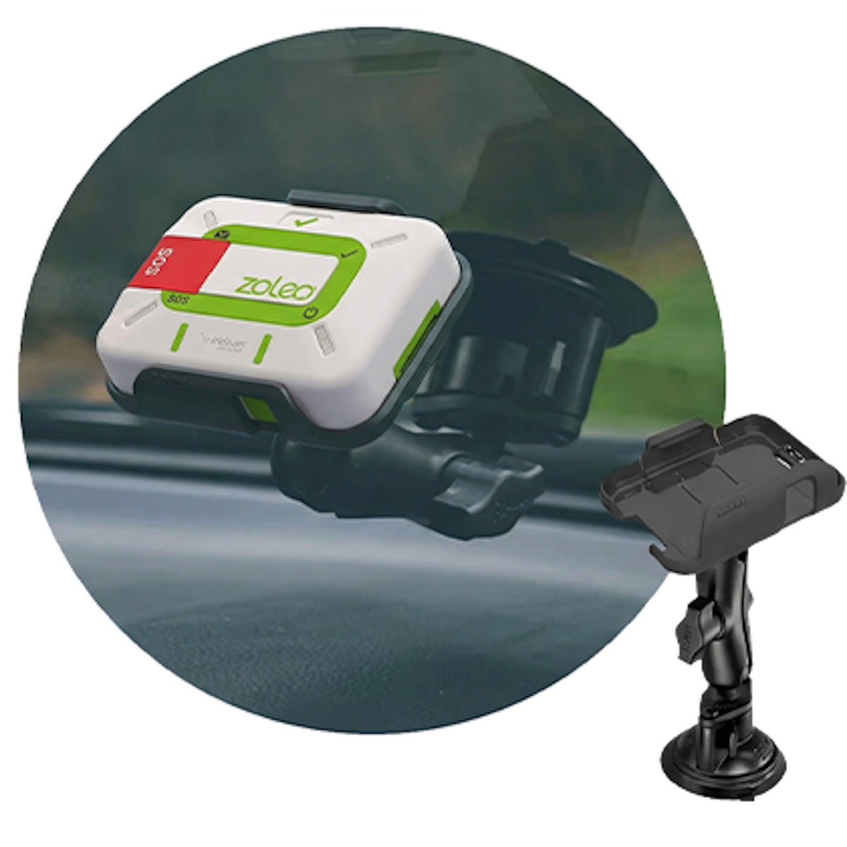 ZOLEO ZL1500 mounted to a vehicle windshield on the RAM suction mount
