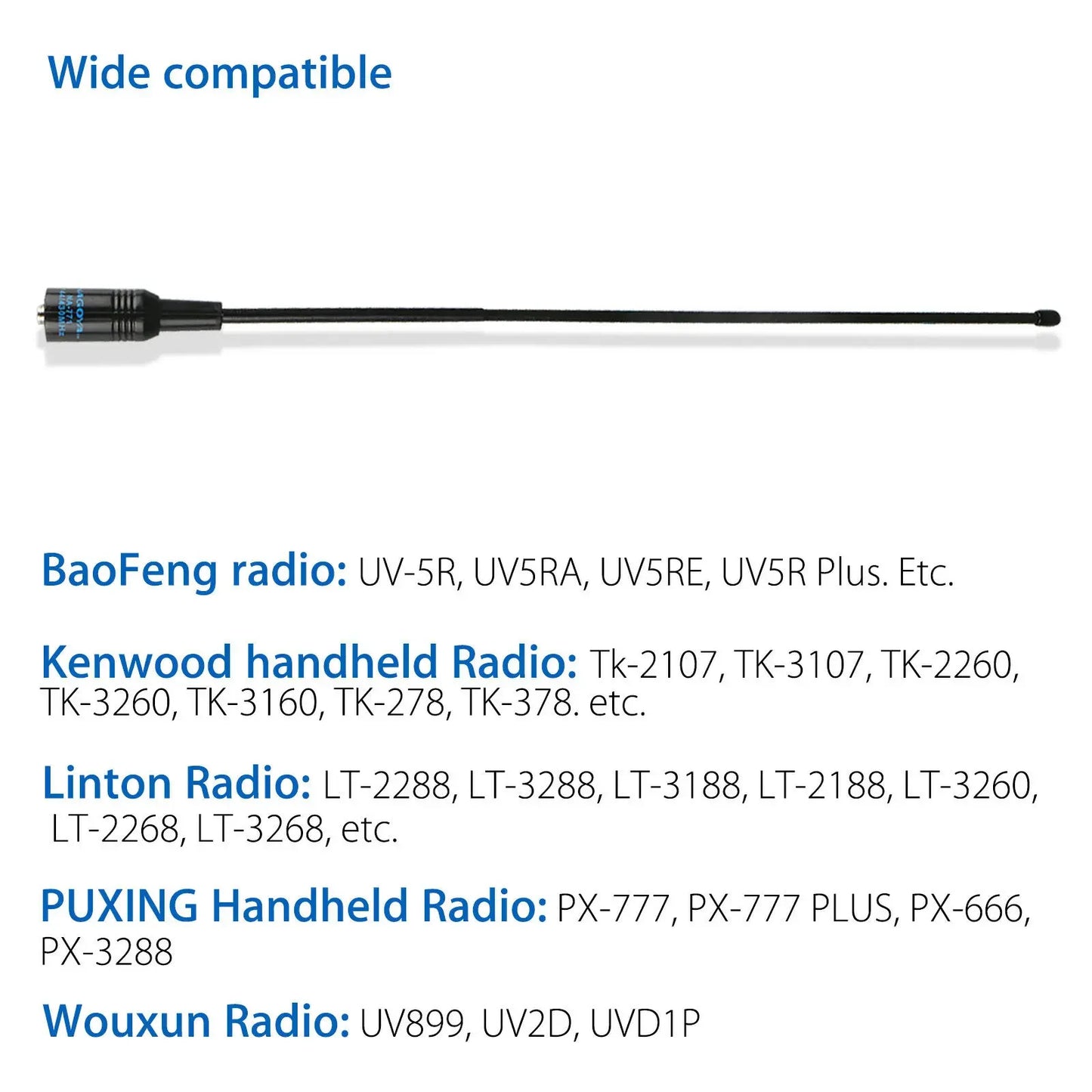 NA-771 antenna compatibility with Baofeng, Kenwood, Linton, Puxing and Wouxun handheld radios