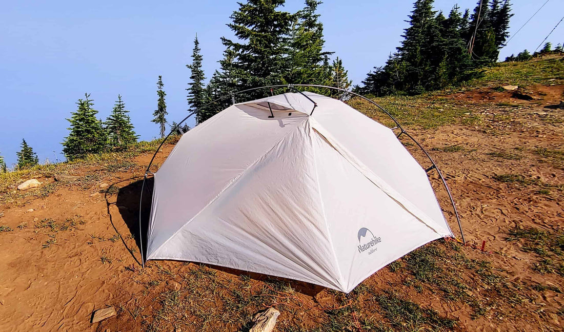 Naturehike Vik tent pitched on a dirt ridge among subalpine trees at dusk