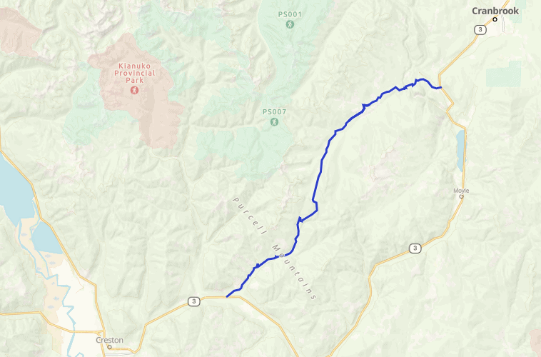 Map of the Kid Creek and Moyie River FSR dual sport route between Creston and Cranbrook through the Purcell Mountains