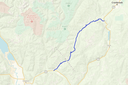 Map of the Kid Creek and Moyie River FSR dual sport route between Creston and Cranbrook through the Purcell Mountains