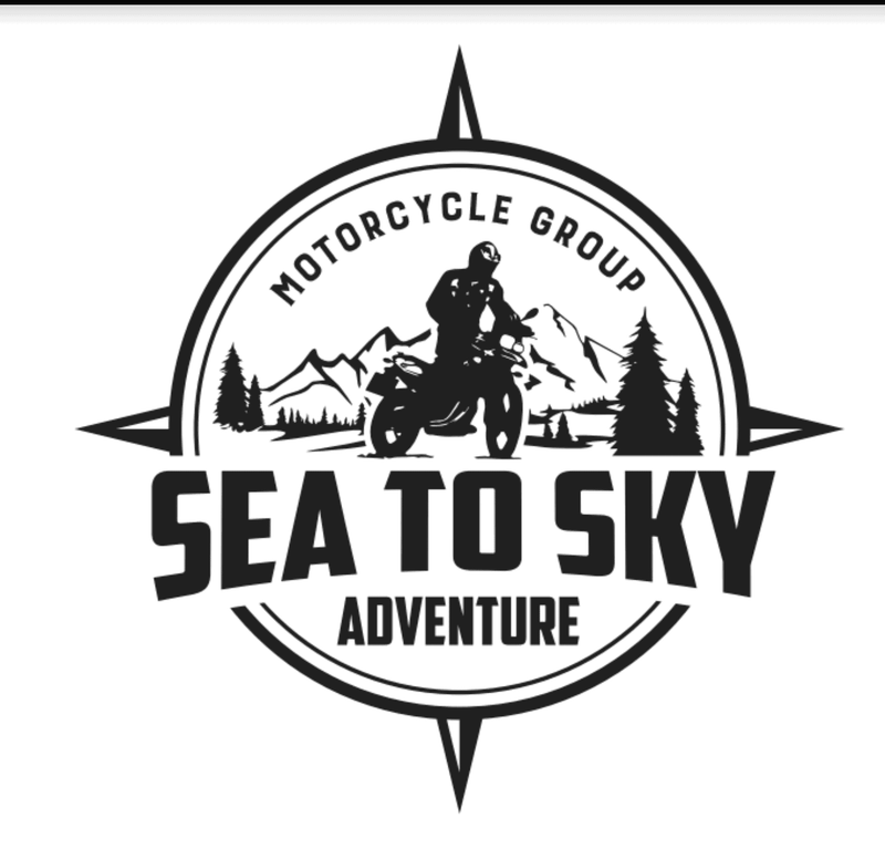 Sea to Sky Adventure Motorcycle Group logo with a rider and bike inside a compass and mountain emblem