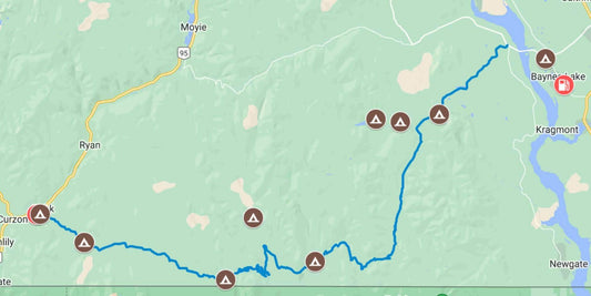Map of a dual sport route from Curzon to Baynes Lake near Moyie BC with campsite waypoints along the track