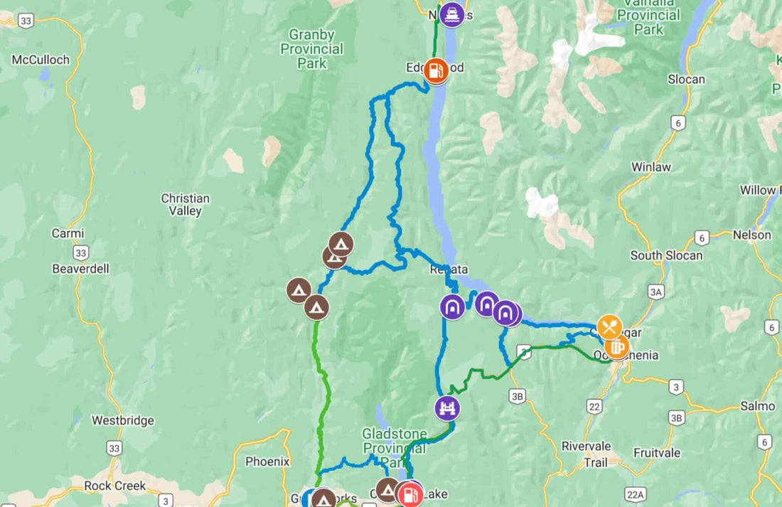 Gaia GPS route map of a Kootenay loop through Edgewood, Renata and Castlegar BC with campsite and fuel waypoints