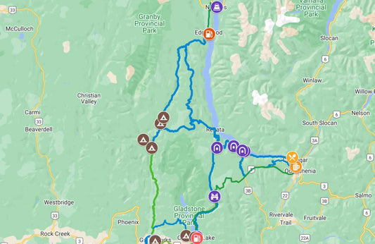 Gaia GPS route map of a Kootenay loop through Edgewood, Renata and Castlegar BC with campsite and fuel waypoints