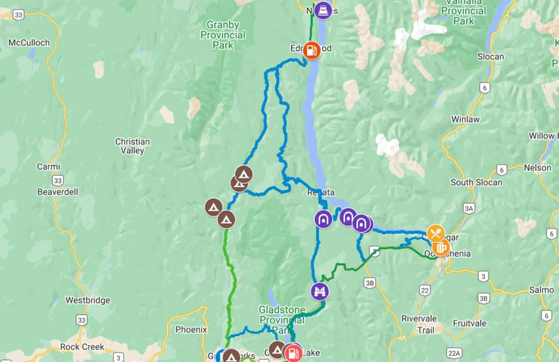 Gaia GPS route map of a Kootenay loop through Edgewood, Renata and Castlegar BC with campsite and fuel waypoints