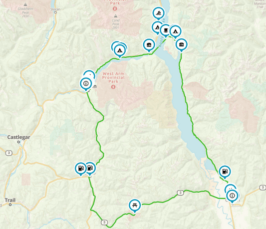 Map of the Kootenay Pass loop route circling Kootenay Lake near Creston BC