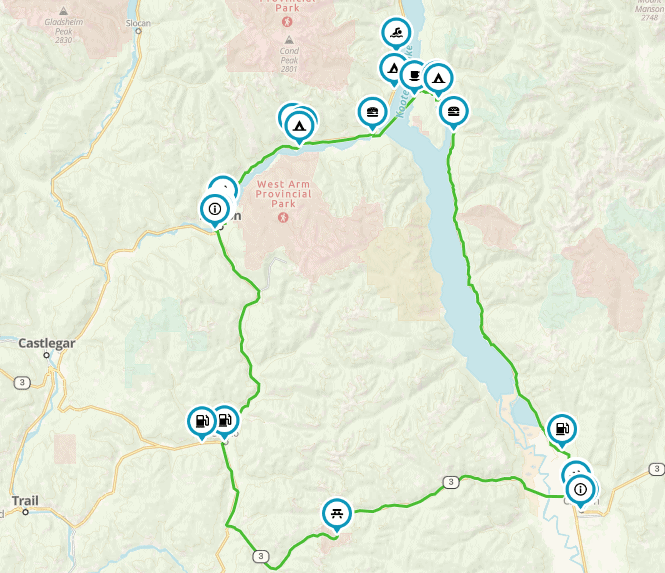 Map of the Kootenay Pass loop route circling Kootenay Lake near Creston BC
