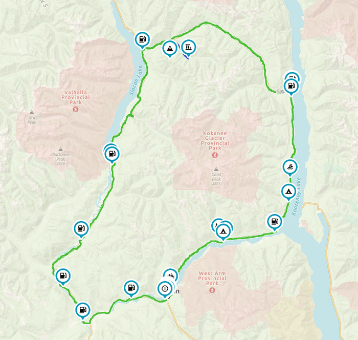 Glacier route map of a loop near Nelson and Kaslo with campsite, ferry and fuel markers