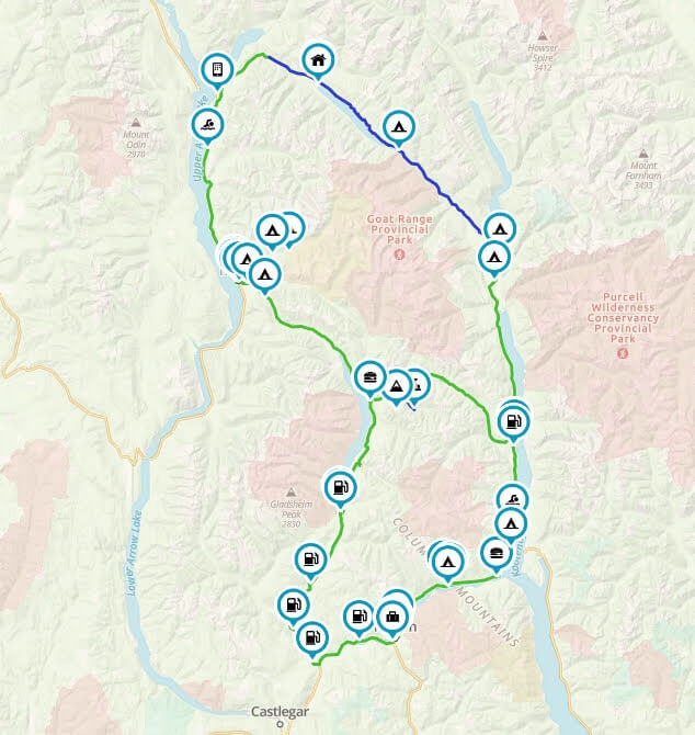Map screenshot of the Trout Lake Loop ride between Castlegar and Goat Range Provincial Park with waypoints