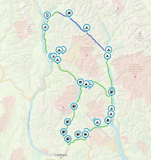 Map screenshot of the Trout Lake Loop ride between Castlegar and Goat Range Provincial Park with waypoints
