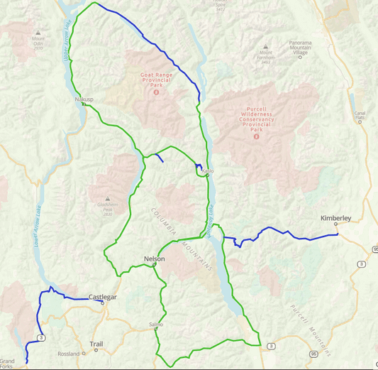 Kootenay Lake area route map showing green and blue loops around Nakusp, Kaslo and Kimberley