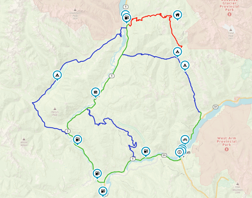 Lemon Creek loop route map near Nelson BC with campsite, fuel and viewpoint markers