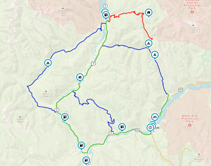 Lemon Creek loop route map near Nelson BC with campsite, fuel and viewpoint markers