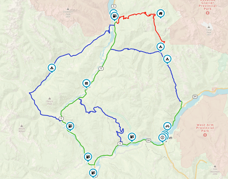 Lemon Creek loop route map near Nelson BC with campsite, fuel and viewpoint markers
