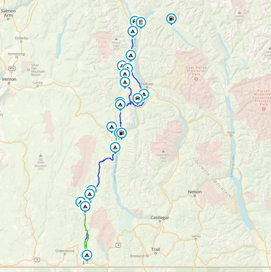 Granby, Whatshan and Shelter Bay route map tracing a loop down Lower Arrow Lake to Greenwood
