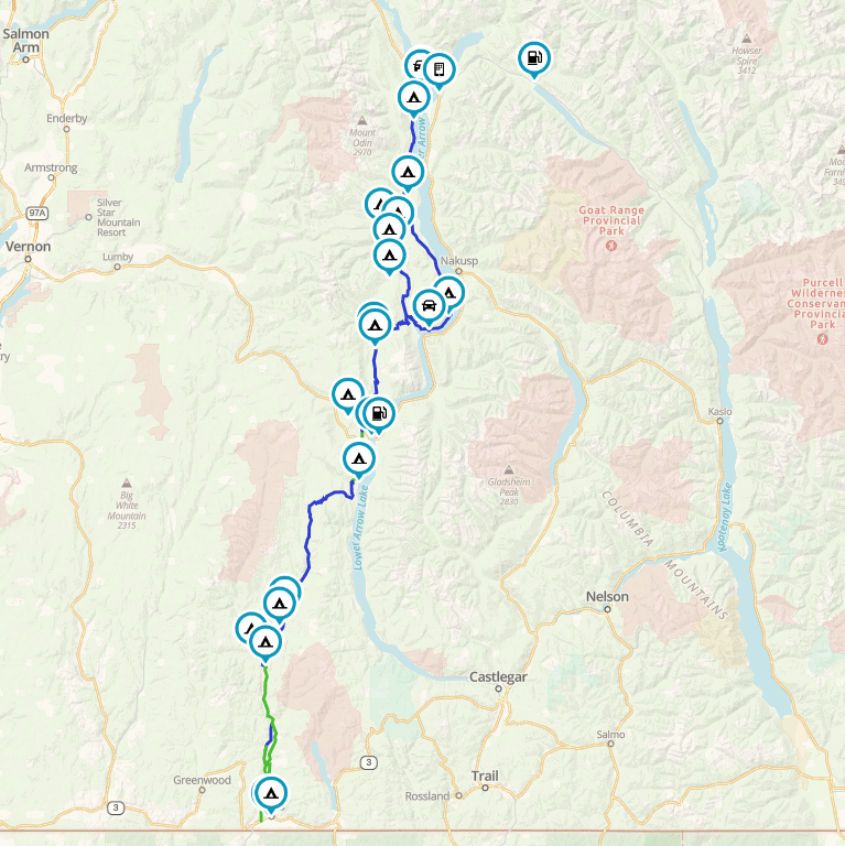 Granby, Whatshan and Shelter Bay route map tracing a loop down Lower Arrow Lake to Greenwood