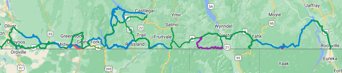 Wide map screenshot showing dual sport routes near the Canada US border in the Kootenays
