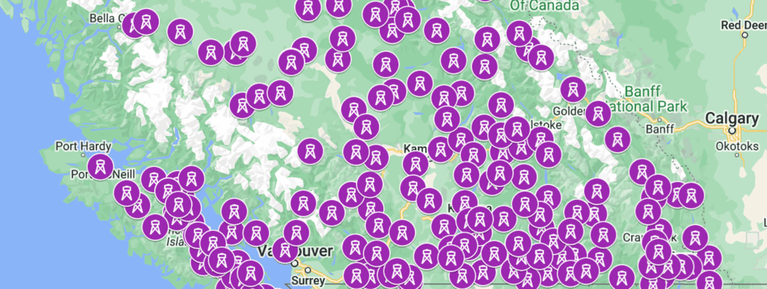 Map of BC dotted with purple fire tower lookout markers from Vancouver Island to Calgary and Banff