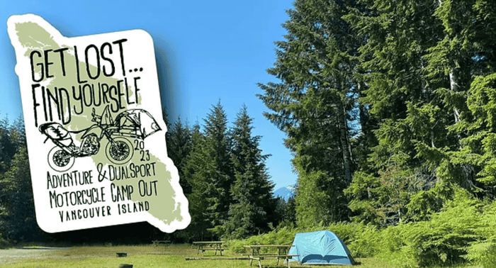 Get Lost Find Yourself 2023 dual sport motorcycle camp out badge over a Vancouver Island campsite with a tent and trees