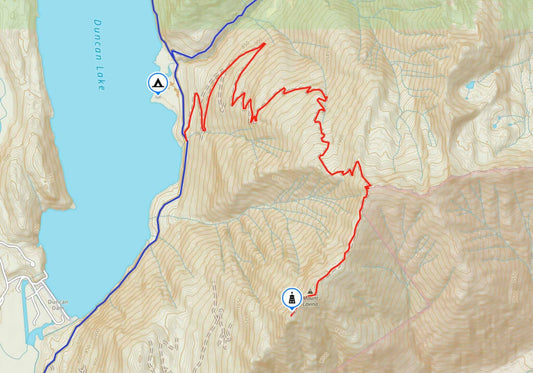 Topographic map screenshot of the Lavina Lookout route above Duncan Lake in the Kootenays