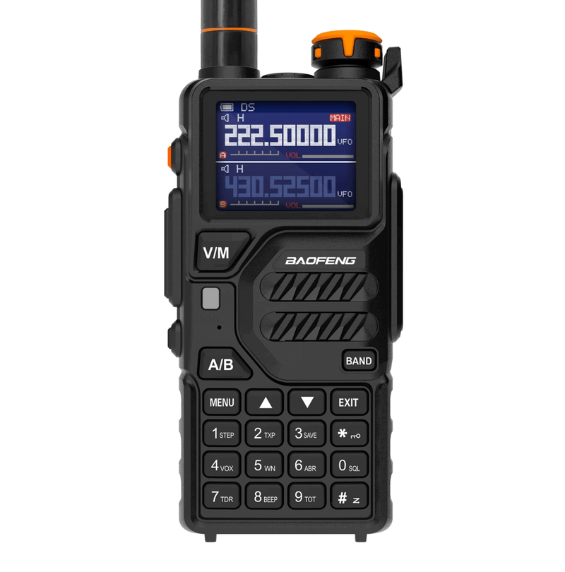 Baofeng K5 Plus handheld radio front view showing dual frequency color display and keypad