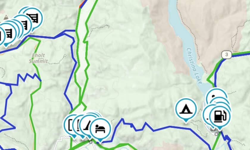 Map of riding routes around Grand Forks and Christina Lake BC with lodging, fuel and campsite waypoints