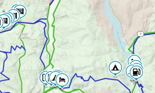 Map of riding routes around Grand Forks and Christina Lake BC with lodging, fuel and campsite waypoints