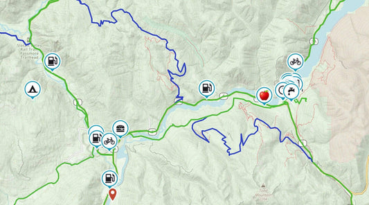 Map of dual sport routes around Nelson and Kimberley BC with campsites, fuel and points of interest marked