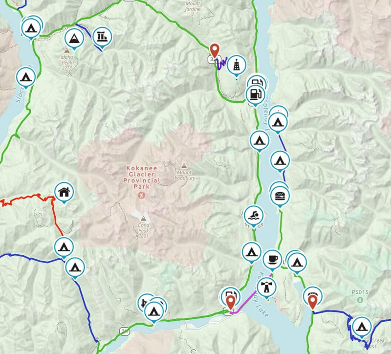 Map of routes around Kaslo and Kootenay Lake BC near Kokanee Glacier Provincial Park with campsite and fuel waypoints