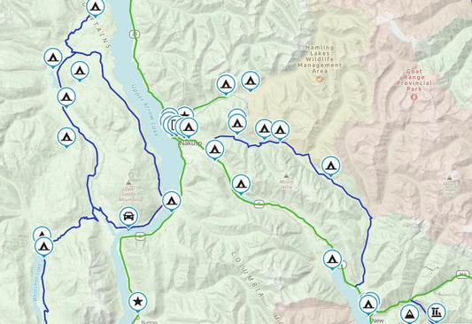 Map of dual sport routes around Nakusp and Upper Arrow Lake BC near Goat Range Provincial Park with campsite waypoints