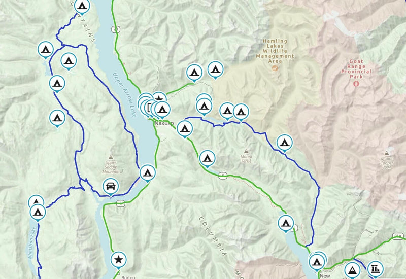 Map of dual sport routes around Nakusp and Upper Arrow Lake BC near Goat Range Provincial Park with campsite waypoints