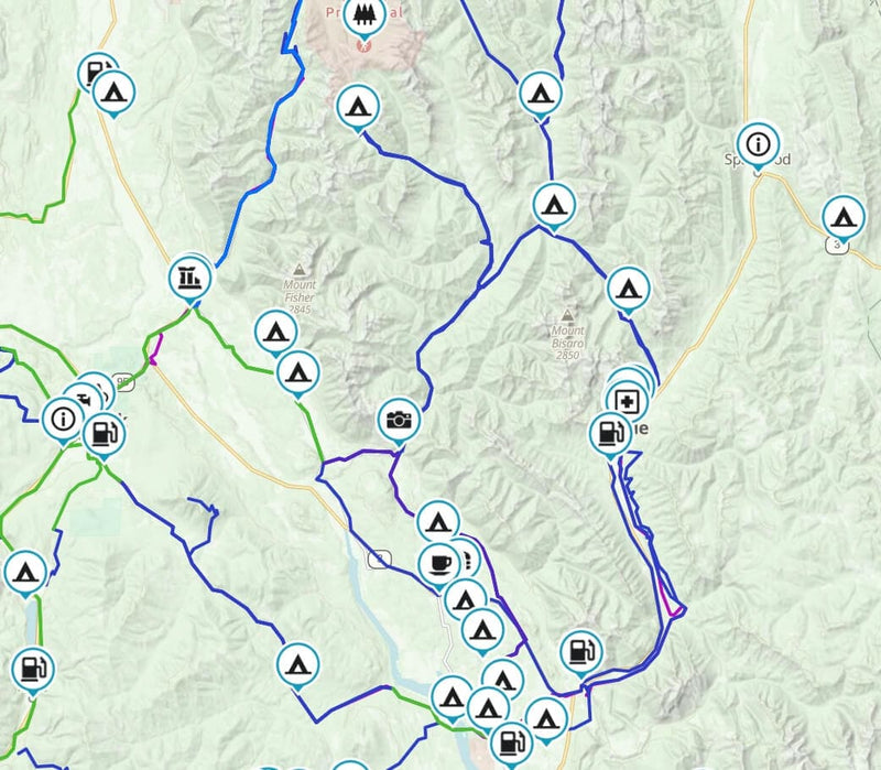 Gaia GPS topographic map screenshot of routes and campsites around Fernie BC in the Kootenay region