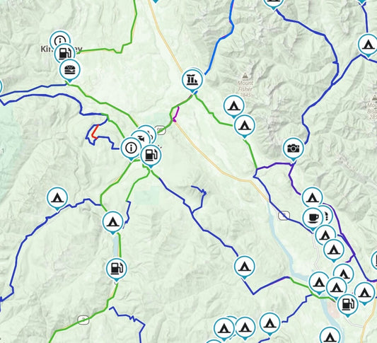 Map of riding routes around Kimberley BC near Mount Fisher with many campsite, fuel and lookout waypoints