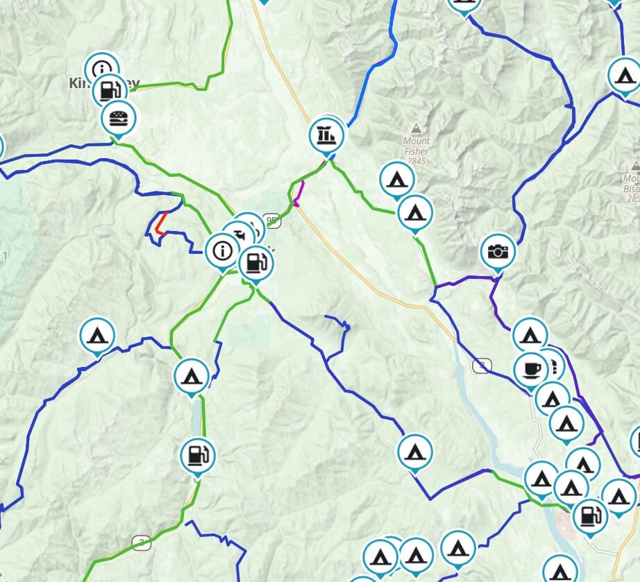 Map of riding routes around Cranbrook and Kimberley BC near Mount Fisher with campsite, fuel and lookout waypoints