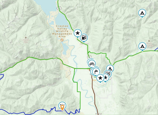 Gaia GPS map screenshot of the Creston Valley Wildlife Management Area with routes and campsites