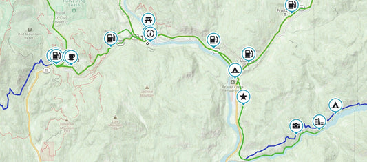 Map of dual sport routes near Trail BC along the Columbia River with fuel, campsite and viewpoint waypoints
