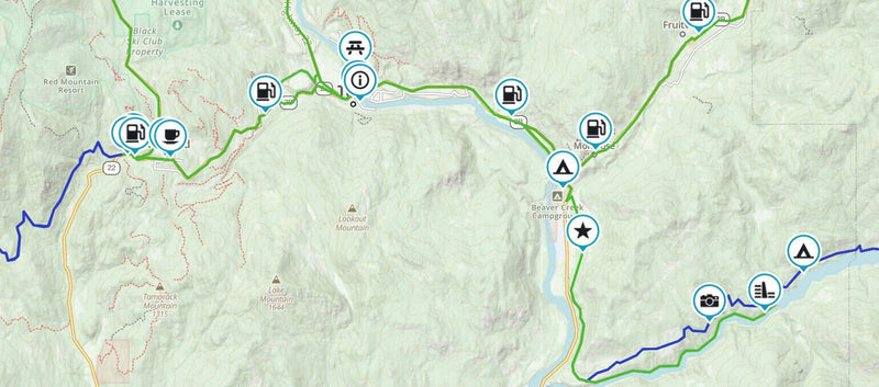 Map of dual sport routes near Trail BC along the Columbia River with fuel, campsite and viewpoint waypoints