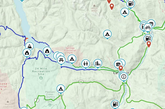 Map of dual sport routes around Castlegar BC near Syringa Provincial Park with campsite, fuel and picnic waypoints