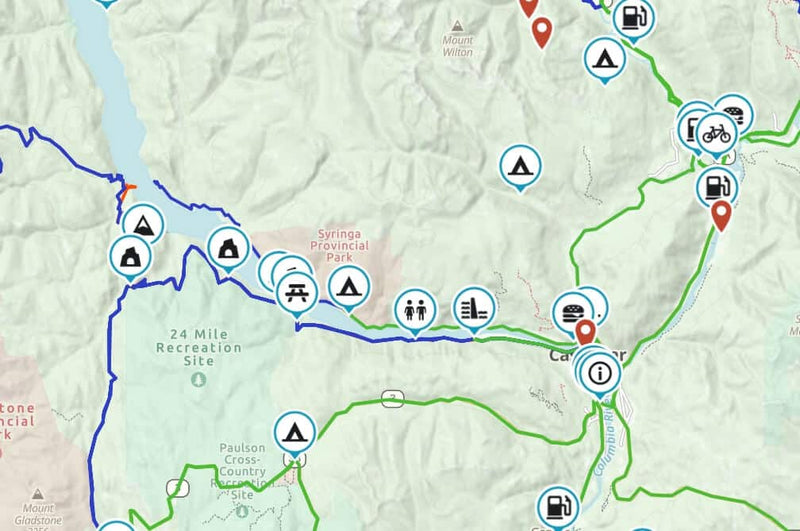 Map of dual sport routes around Castlegar BC near Syringa Provincial Park with campsite, fuel and picnic waypoints
