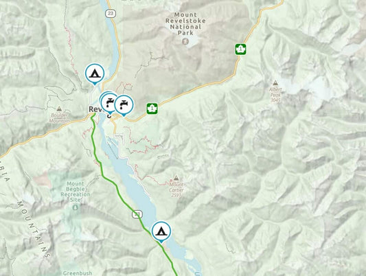 Map of dual sport routes around Revelstoke BC and Mount Revelstoke National Park with campsite and water waypoints