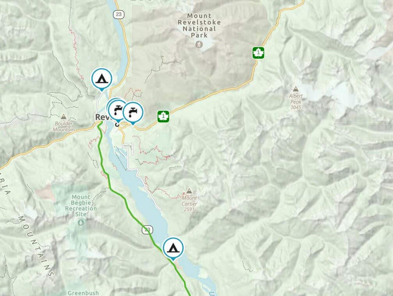 Map of dual sport routes around Revelstoke BC and Mount Revelstoke National Park with campsite and water waypoints