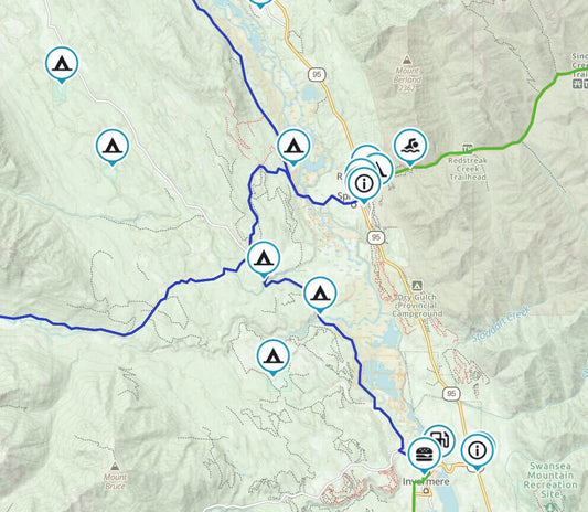 Gaia GPS map of dual sport routes around Radium and Invermere BC with campsite and fuel waypoints