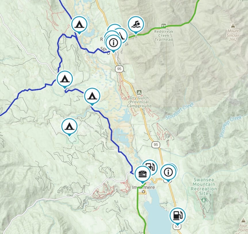 Map of dual sport routes around Invermere and Radium BC near Dry Gulch with campsite, fuel and swimming waypoints