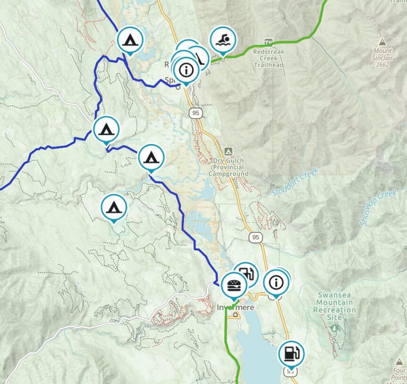 Map of dual sport routes around Invermere and Radium BC near Dry Gulch with campsite, fuel and swimming waypoints
