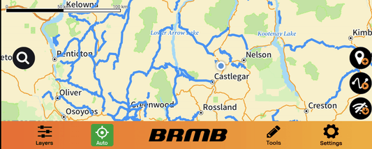 Backroad Mapbooks app screenshot showing a dense network of BC backroads around Nelson, Castlegar and Rossland