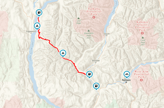 Map screenshot of the Koch Creek Pass GPX route from Edgewood toward Nelson BC