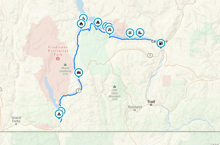 Map screenshot of the Castlegar to Christina Lake route near Gladstone Provincial Park with waypoints